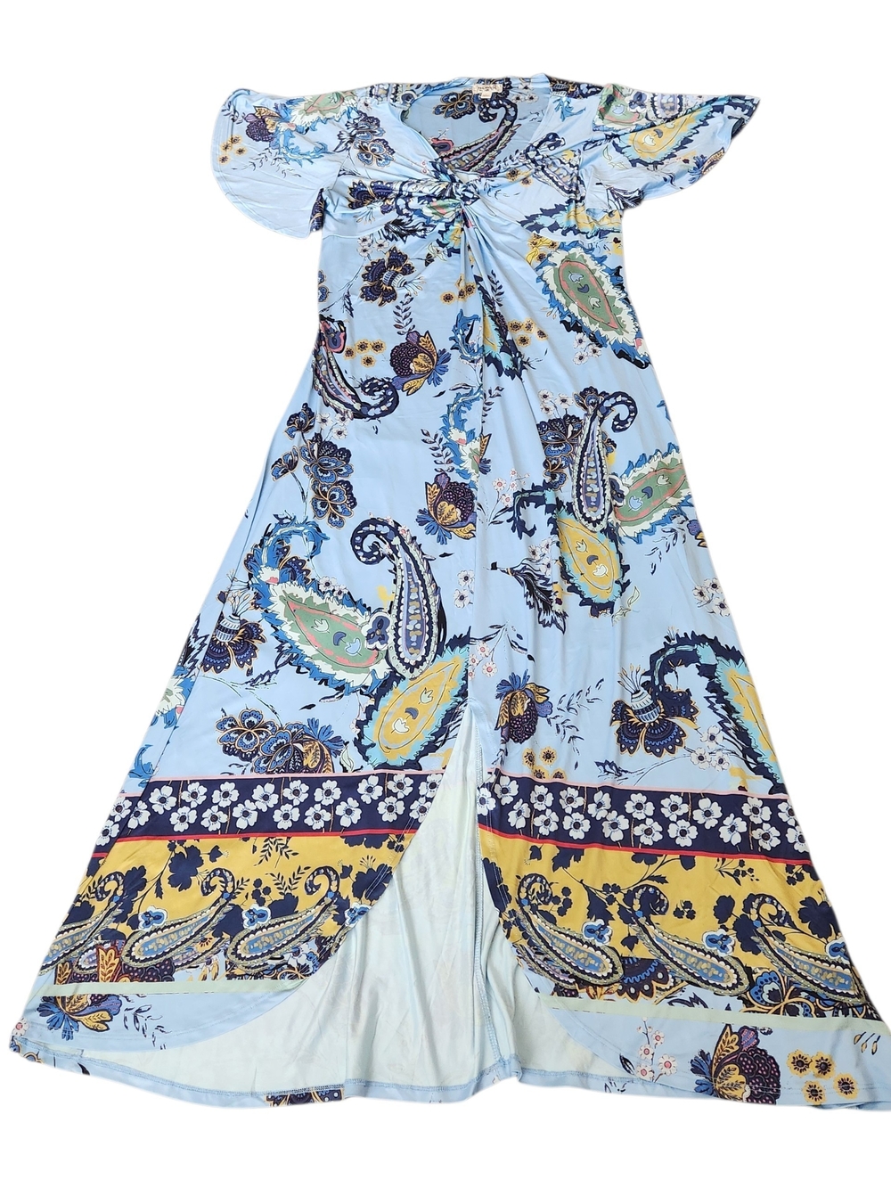 One World Wrap Paisley Maxi Dress Women's L Blue Boho Fairy Cottagecore Resort